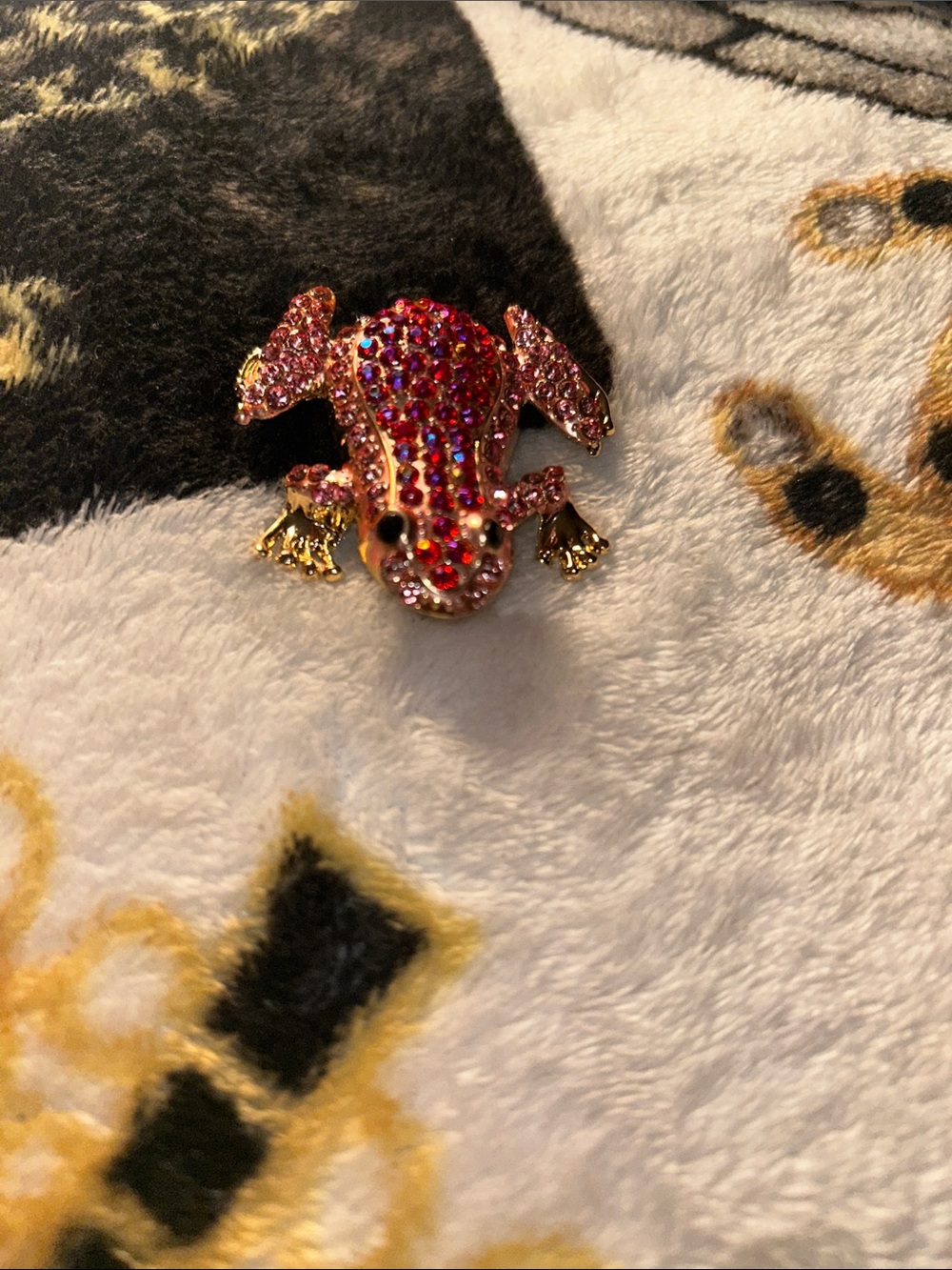 Pink Crystal Frog Brooch with Gold Accents